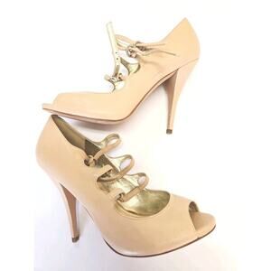 SAKS FIFTH AVENUE Aida Beige Nude Leather Strappy Peep Toe Heels Sz 8.5M